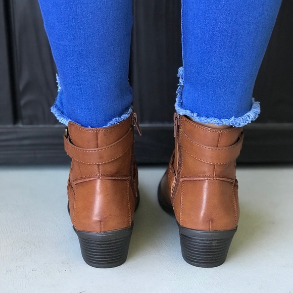 Cognac Western Flair Braid Buckle Boho Ankle Boots - Picture 3 of 7